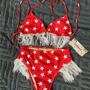 Red Star Fringe Bikini Set